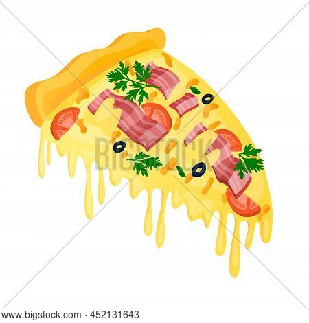 Vector Isolated Illustration Juicy, Fresh Slice Of Italian Pizza With Ham, Cheese, Tomatoes, Olives,