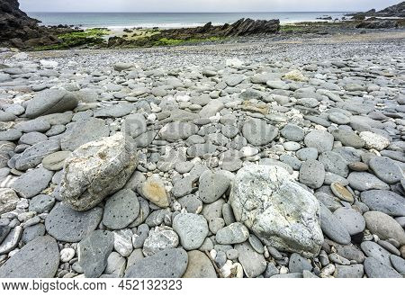 Close-up Of Grey Pebbles,strewn Across Dollar Cove,gunwalloe, Helston,south Cornwall,england,uk.