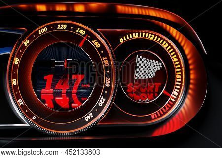 3d Illustration Of The New Car Interior Details. Speedometer Shows A Maximum Speed Of 147 Km  H, Tac