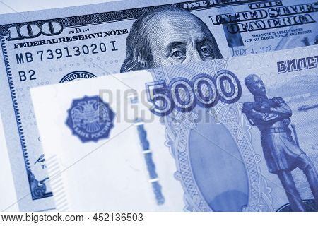 Fragments Of Russian And American Paper Money. Ruble And Dollar. Banknote Of 5000 Rubles And Note Of
