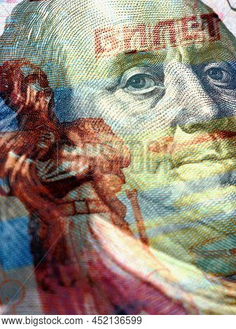 Fragments Of Russian And Us Paper Money Close-up. Ruble And Dollar. A Banknote Of 5000 Rubles And A 