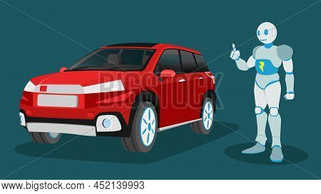 Electric Vehicle Suv Car With Robot For Pormote. Separate Layers Between The Interior And The Engine