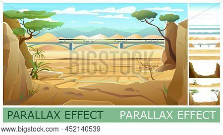Train Goes Over Bridge. Image From Layers For Overlay With Parallax Effect. Desert Sand. Landscape O
