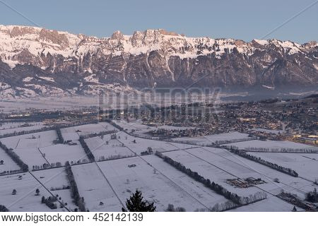 Planken, Liechtenstein, January 13, 2022 Terrific Swiss Mountain Panorama And The Rhine Valley In Th
