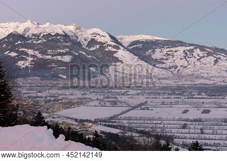 Planken, Liechtenstein, January 13, 2022 Terrific Swiss Mountain Panorama And The Rhine Valley In Th