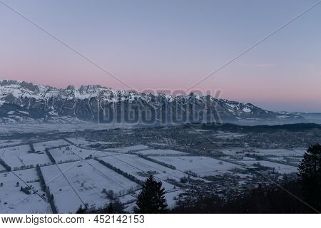 Planken, Liechtenstein, January 13, 2022 Terrific Swiss Mountain Panorama And The Rhine Valley In Th