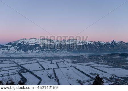 Planken, Liechtenstein, January 13, 2022 Terrific Swiss Mountain Panorama And The Rhine Valley In Th