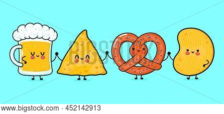 Cute, Funny Happy Glass Of Beer, Nachos, Chips, Pretzel. Vector Hand Drawn Cartoon Kawaii Characters