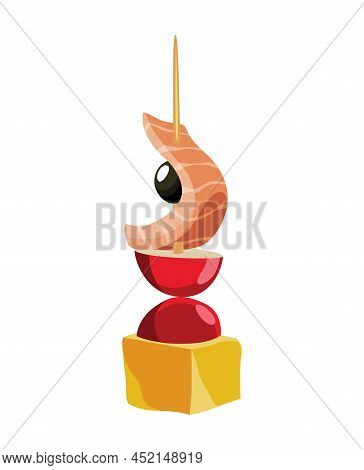 Canape Of Appetizer With Toppings. Snack For Party, Cold Food On Wooden Stick. Canape For Buffet, Ic