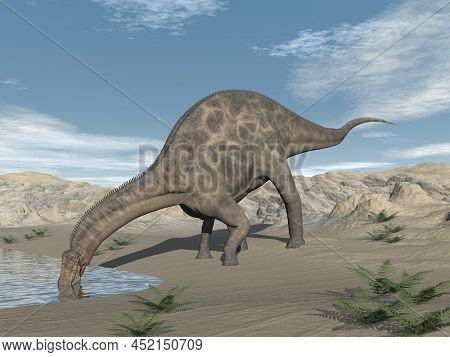 Dicraeosaurus Dinosaur Drinking In The Desert - 3d Render