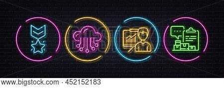 Cloud Storage, Winner Medal And Presentation Minimal Line Icons. Neon Laser 3d Lights. Inventory Rep