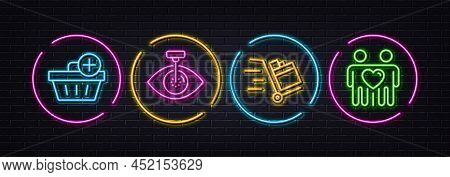 Add Purchase, Eye Laser And Push Cart Minimal Line Icons. Neon Laser 3d Lights. Friends Couple Icons