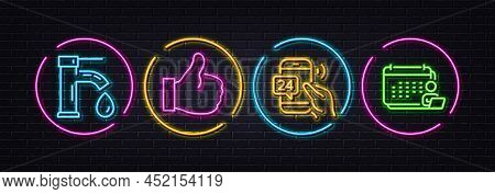 Like, 24h Service And Tap Water Minimal Line Icons. Neon Laser 3d Lights. Accounting Icons. For Web,
