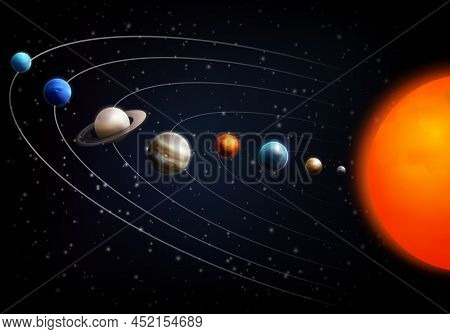 Realistic Space Background With All Planets Of The Solar System On Black Fond Vector Illustration