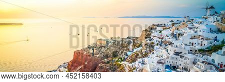 Sunset Over Oia Village, Santorini Island, Greece, Pamorama With Aegan Sea, Toned