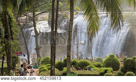 Nagercoil,tamilnadu,india- December 12 2021: Tourists Enjoying Thirparappu Falls. A Major Tourist At