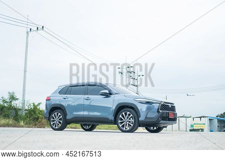Samut Prakan, Thailand - April 2, 2022 : Private New Toyota Corolla Cross, Celestite Gray Metallic. 