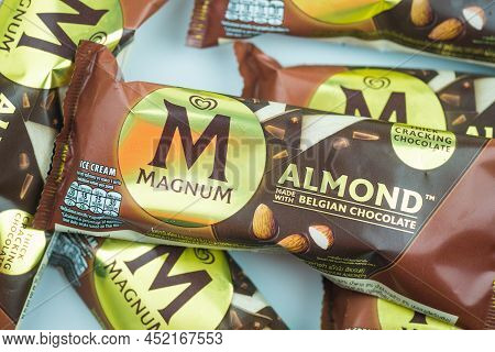 Samut Prakan, Thailand - April 2, 2022 : Velvety Smooth Vanilla Ice Cream Magnum Covered In Thick Cr