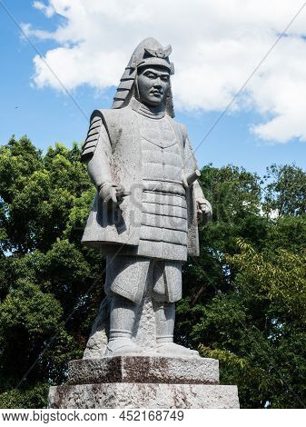 Otsu, Japan - August 21, 2018: Statue Of Akechi Mitsuhide At The Sakamoto Castle Ruins Park