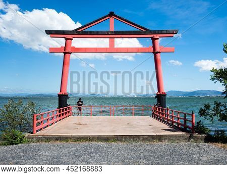 Otsu, Japan - August 21, 2018: Red Torii Gates Of Hichihon Yanagimiya Shrine At Sakamoto Castle Ruin