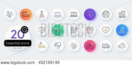 Simple Set Of Online Shopping, Smile Face And Fireworks Line Icons. Include Roller Coaster, Surprise