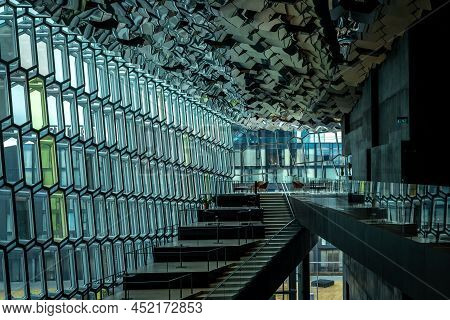 Reykjavik, Iceland - March 23, 2022: Interior Of Harpa Concert Hall. Modern Architecture, Colorful G