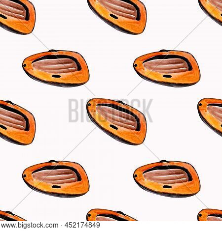 Seamless Pattern Funny Orange Inflatable Tourist Boat.