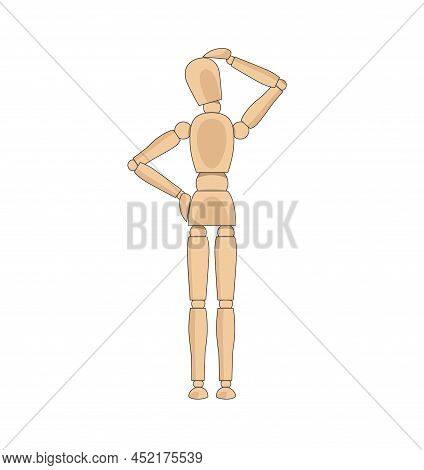 Wooden Man Model, Manikin To Draw Human Body Anatomy Thinking Pose, Showing Direction. Mannequin Con