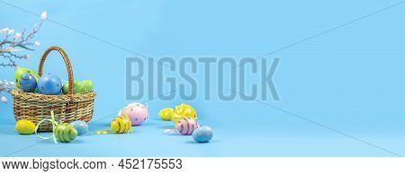 Easter Background. Easter Eggs. Happy Easter Card. Multicolored Easter Eggs. Easter. Banner. Copy Sp
