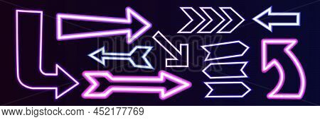 Neon Light Arrow Or Purple Glow Sign For Direction Vector Illustration Set. Shine Information Elemen