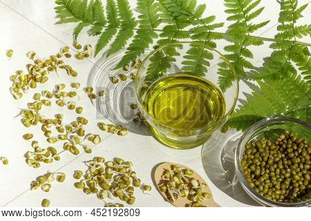 Golden Beans, Munga Beans. Sprouts And Bean Oil. Healthy, Natural Food