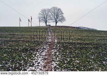 Zuran Hill On The Austerlitz Battlefield In Moravia, Czech Republic With A Memorial For The Battle A