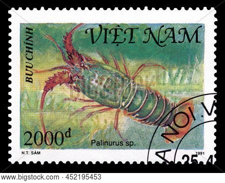 Stavropol, Russia - March 30 2022: A Stamp Printed By  Vietnam;  Shows  Spiny Lobster  Palinurus Ele