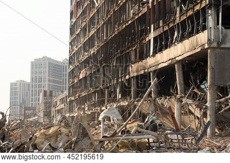 2022 Russian Invasion Of Ukraine War Torn City Destroyed Building Ruins City Attack Bomb Shell Of Ci