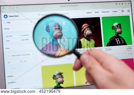 Wroclaw, Poland - Feb 10, 2022: Opensea Nft Non-fungible Token Marketplace. Investing Cryptocurrenci