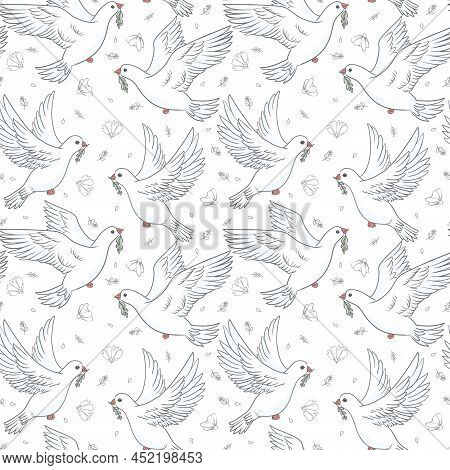 Dove Of Peace Seamless Pattern On Blue. White Dove Green Olive Branch Stock Vector Illustration For 