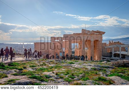 Athens, Greece - March 6 2022: The Propylaea, The Monumental Gateway To The Acropolis Of Athens, Wit