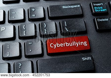 Cyberbullying Word On A Computer Keyboard Button. Laptop Enter Key With Message Cyberbullying. Conce