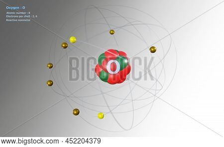 3d Illustration Of Atom Of Oxygen With Core And 8 Electrons On A White Background