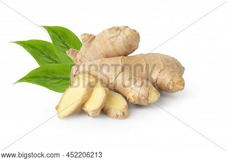 Fresh Ginger Rhizome With Sliced And Green Leaves Isolated On White Background With Clipping Path.