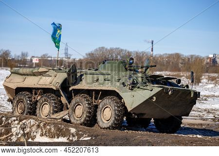 St. Petersburg, Russia - March 27, 2022: Armored Personnel Carrier Btr-80 At The Tank Range. Militar