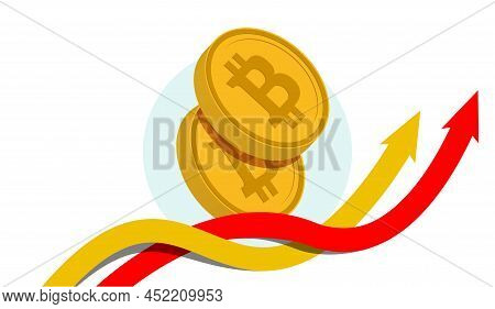 Two Gold Volume Coins Of The Digital Virtual Crypto Currency Bitcoins And Two Intertwining Arrows Po