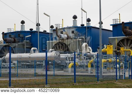 Yellow Gas Pipes In Natural Gas Treatment Plant In Polish Gas Mine.