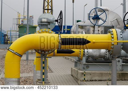 Yellow Gas Pipes In Natural Gas Treatment Plant In Polish Gas Mine.