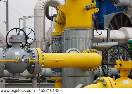 Yellow Gas Pipes In Natural Gas Treatment Plant In Polish Gas Mine.