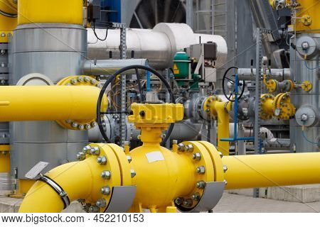 Yellow Gas Pipes In Natural Gas Treatment Plant In Polish Gas Mine.