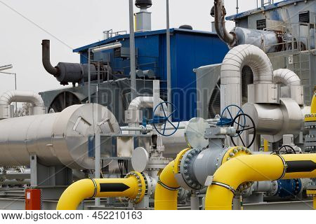 Yellow Gas Pipes In Natural Gas Treatment Plant In Polish Gas Mine.