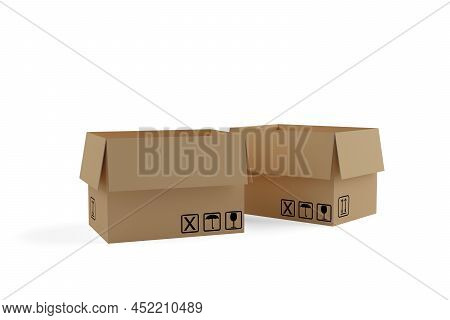 Two Empty Open Corrugated Cardboard Boxes Or Cardboxes Over White Background, Delivery Or Storage Co