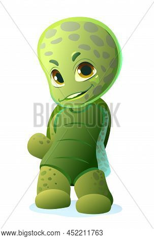 Little Turtle Satisfied. Cartoon Person Stands And Smiles. Fun Style. Child Animal. Pet Kid. Isolate