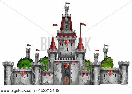 Medieval Castle, Magic Fantasy Fortress Isolated On White, Vector Stone Palace Game Illustration. An